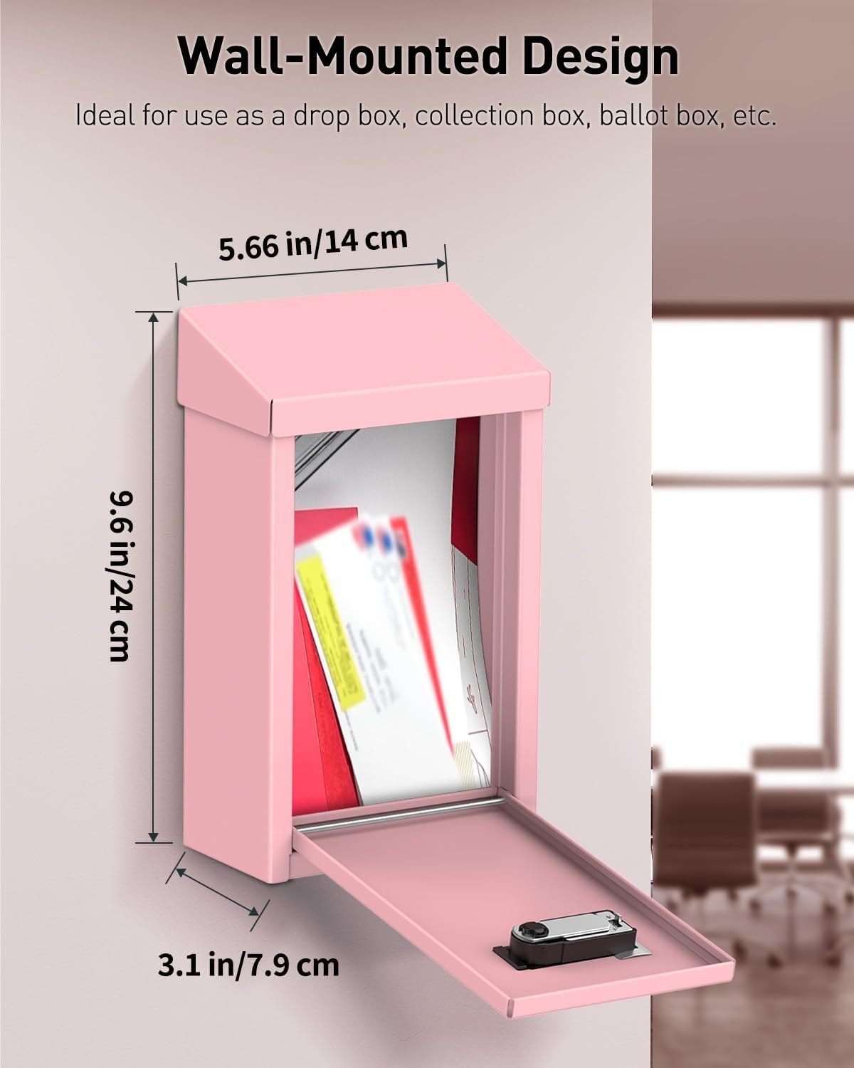 Uniclife Pink Metal Wall Mounted Mailbox with Top Slot, Key Drop Box with Combination Lock for Outside, Donation Box Collection Boxes, Safe Suggestion Boxes, Steel Cash Drop Chest