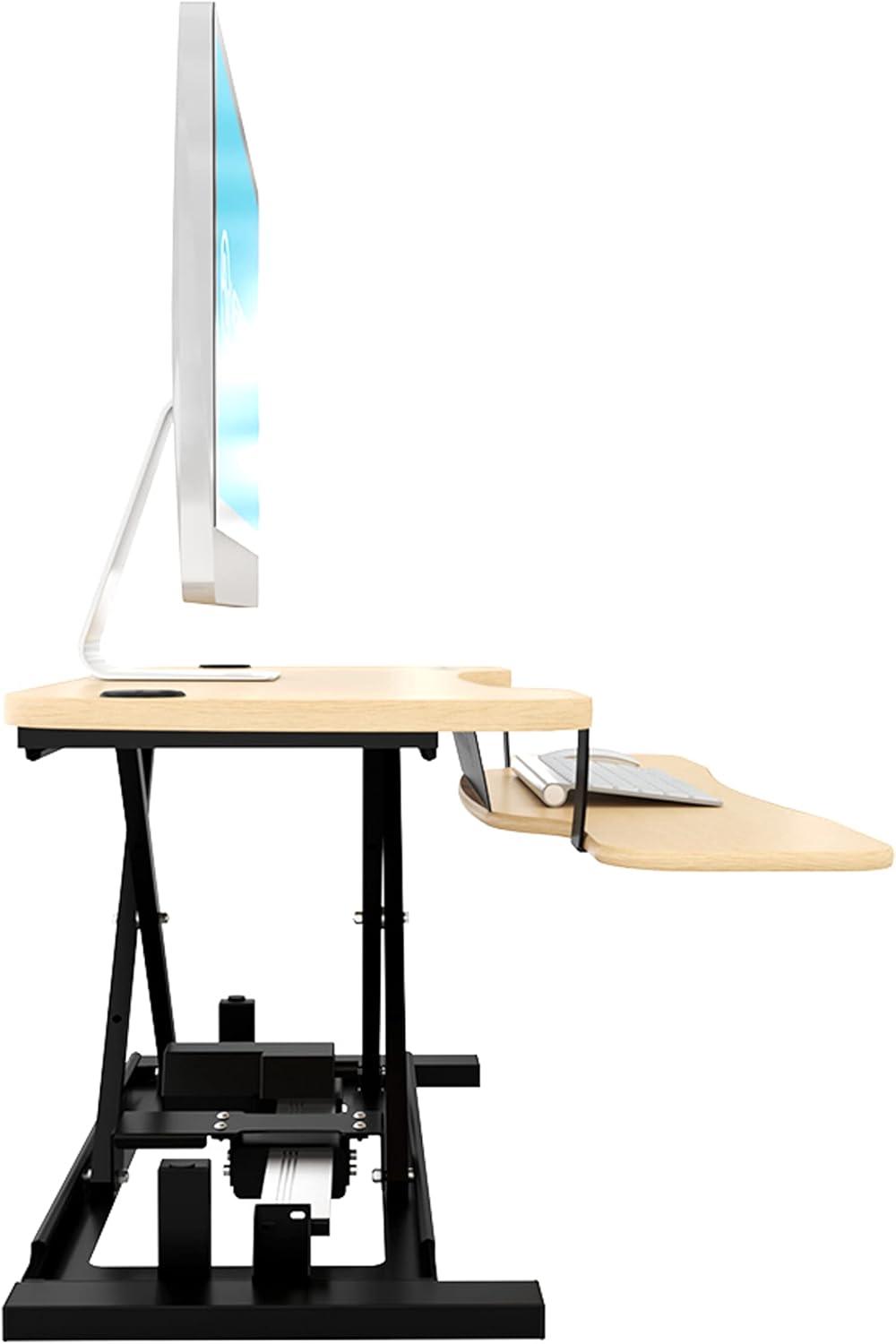 VERSADESK® PowerPro™ Elite 40” x 24" – App Controlled Wide Electric Standing Desk Converter w/USB Charging Port. Raises up to 20”. Fully Assembled – Includes LED Lights. Supports 80 lbs. – Maple
