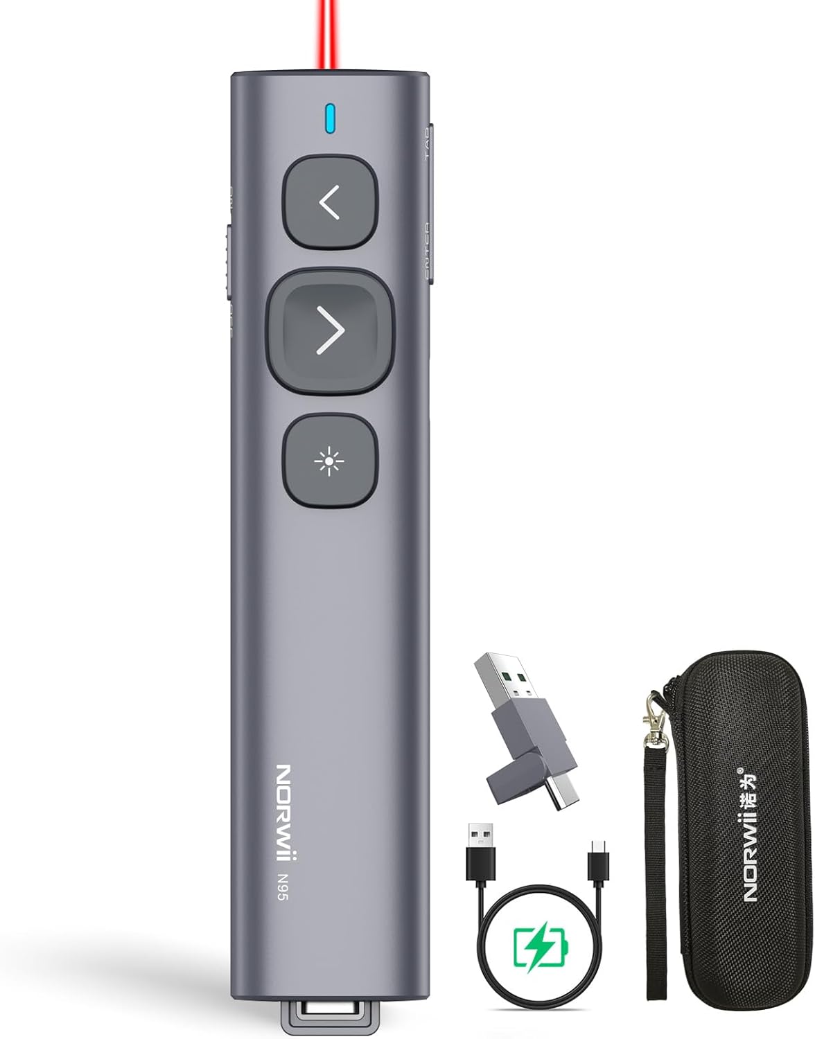 Norwii N95 Presentation Clicker with USB-A&C Receiver, PowerPoint Clicker for Presentation Remote, Rechargeable Wireless Presenter Pointer, Slide Advancer for PC/Laptop/e-Book(Red, USB-AC)