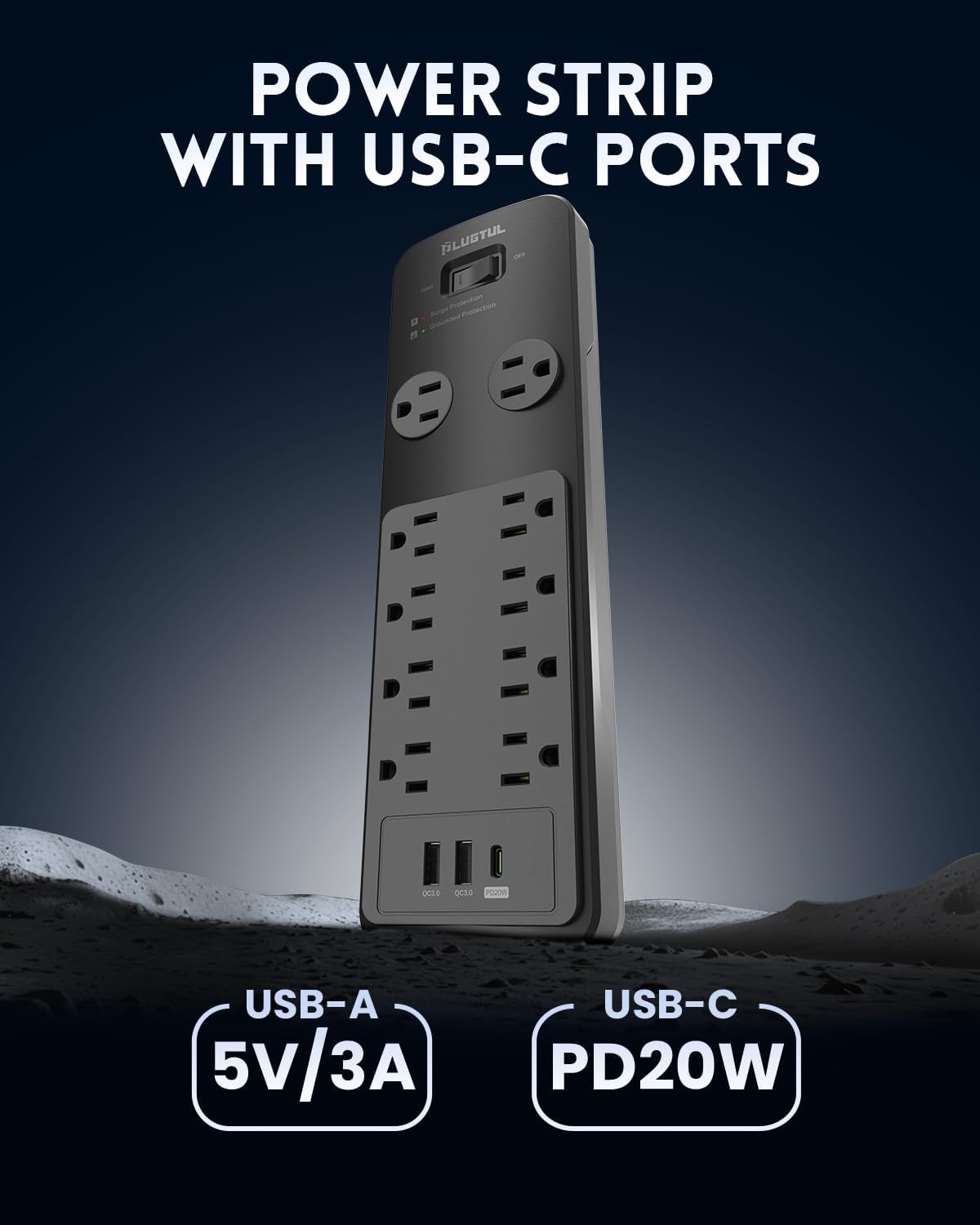 Surge Protector Power Strip 10FT, PLUGTUL Surge Protector with 10 Outlets - Spacious Design for Large Plugs, Flat Plug, 20W USB C Charging for Home, Office, ETL Listed，2040J