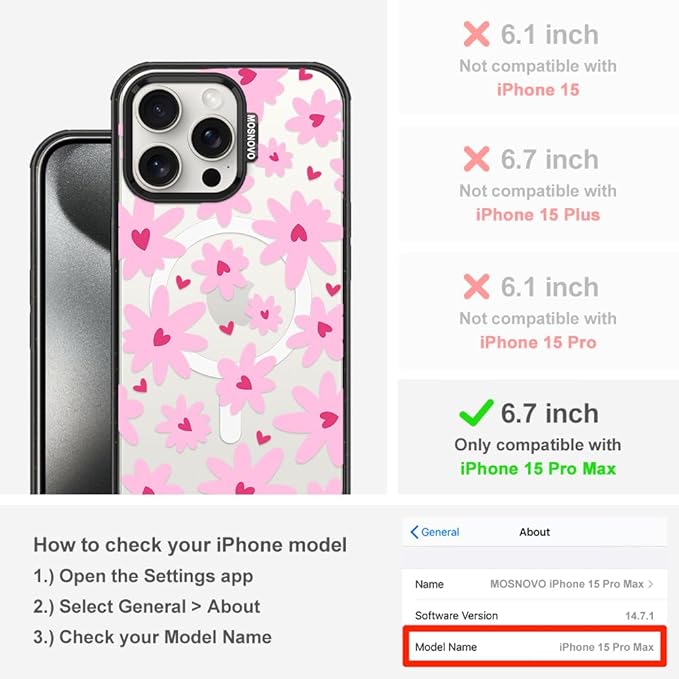 MOSNOVO Magnetic Case for iPhone 15 Pro Max, 10ft Military-Grade Protection, Compatible with Magsafe, Shockproof Phone Case for iPhone 15 Pro Max - Love in Bloom - Clear Black