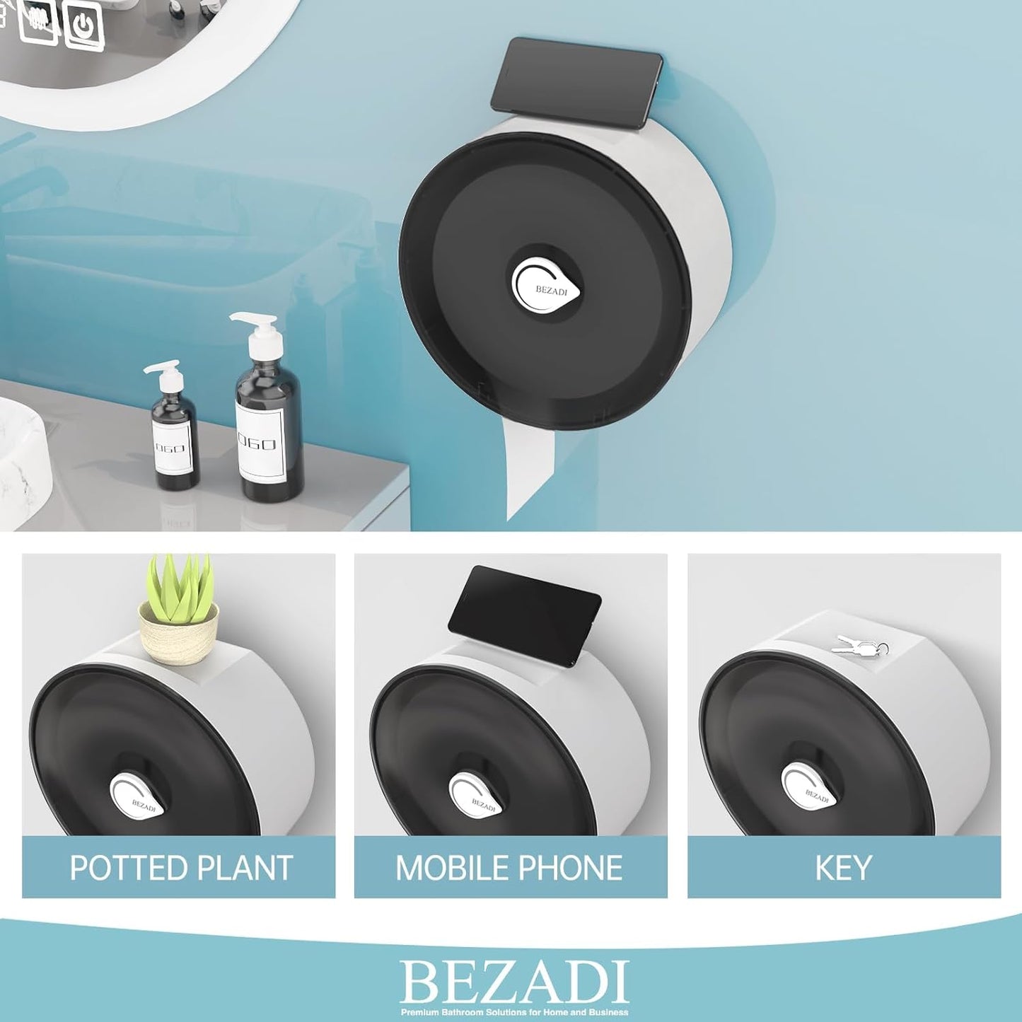 Paper Towel Dispenser Wall Mount, Key Lock Jumbo Roll Toilet Paper Dispenser Commercial Household Large Capacity Paper Holder, Black