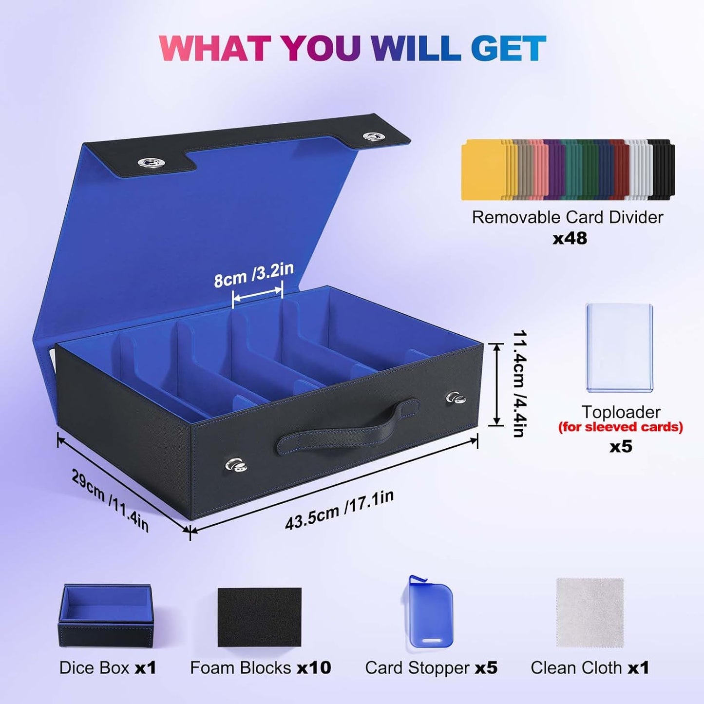 Trading Card Storage Box with Commander Display, 5 Row Magic Card Box with Handle & Aluminum Alloy Locking for 3900+ Unsleeved Cards Suits for MTG PTCG TCG Sports Cards (Black Blue)