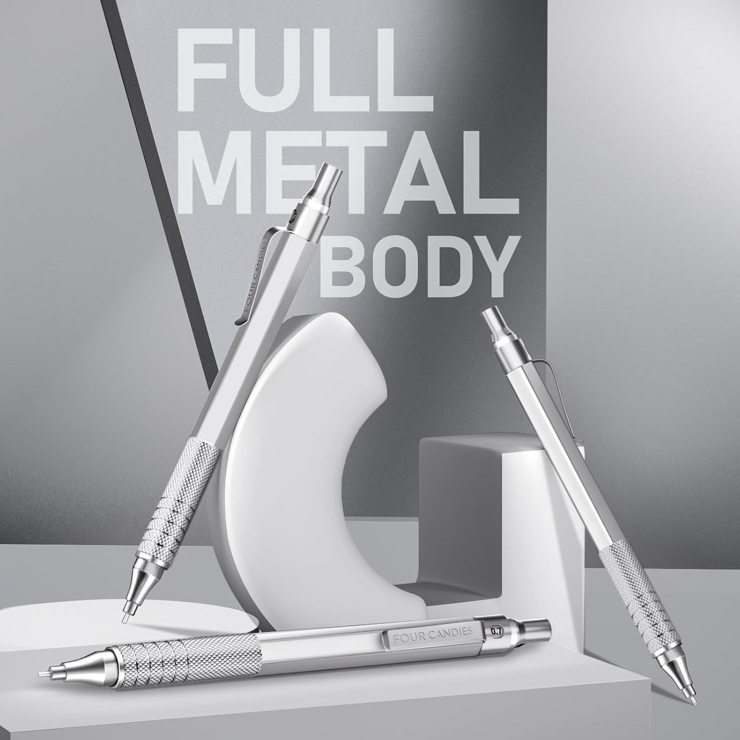 Four Candies 0.7mm Mechanical Pencil Set with Case, 3PCS Metal Artist Lead Pencil with 8 Tubes (480PCS) HB Lead Refills, 3 Erasers, 9 Eraser Refills For Engineer Art Writing Drawing Drafting, Silver