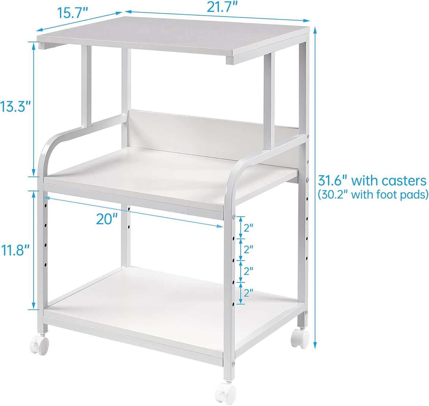 White Printer Stand with Storage, 3 Tier Printer Table with Height Adjustable Shelf, Rolling Printer Cart with Wheels for Home Office Organization