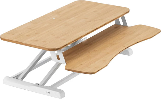 VIVO 32 inch Desk Converter, K Series, Height Adjustable Sit to Stand Riser, Dual Monitor and Laptop Workstation with Wide Keyboard Tray, Bamboo Top, White Frame, DESK-V000KO