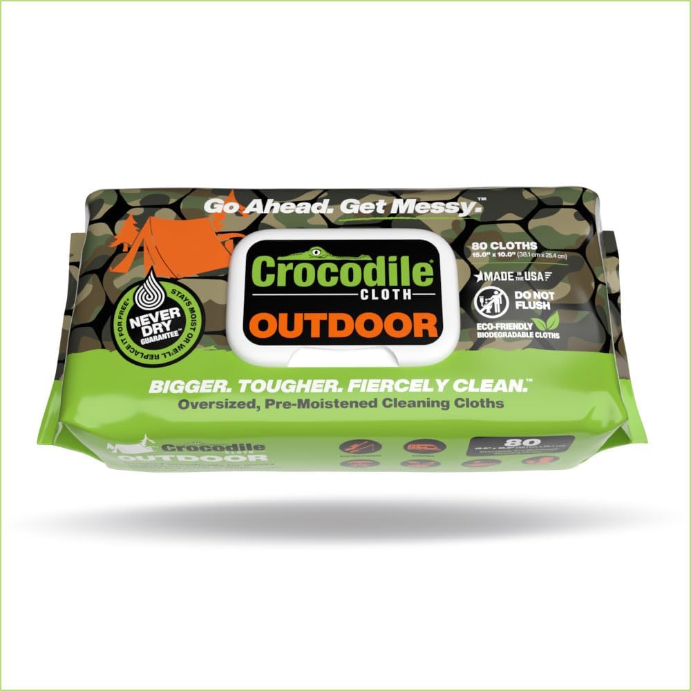 Crocodile Cloth Outdoor Cleaning Wipes – 8 Packs/640 Total Count Plant-Based Cloths (15"x10"), Skin Safe, Pre-Moistened, Aloe & Vitamin E Infused, Large, Absorbent, Multi-Surface Disposable Wipes