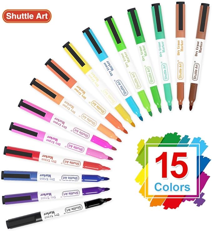 Shuttle Art Dry Erase Markers, 15 Colors Magnetic Whiteboard Markers with Erase,Fine Point Perfect For Writing on Whiteboards, Dry-Erase Boards,Mirrors for School Office Home