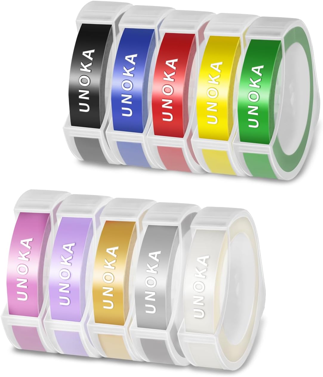 UNOKA Embossing Label Maker Tape Refills Replace for DYMO Organizer Xpress Embossed 1540 1550 1570 12965, Light Pink/Light Purple/Gold/Yellow/Silver/Clear/Black/Blue/Red/Green, 3/8in x 9.8ft, 10PK