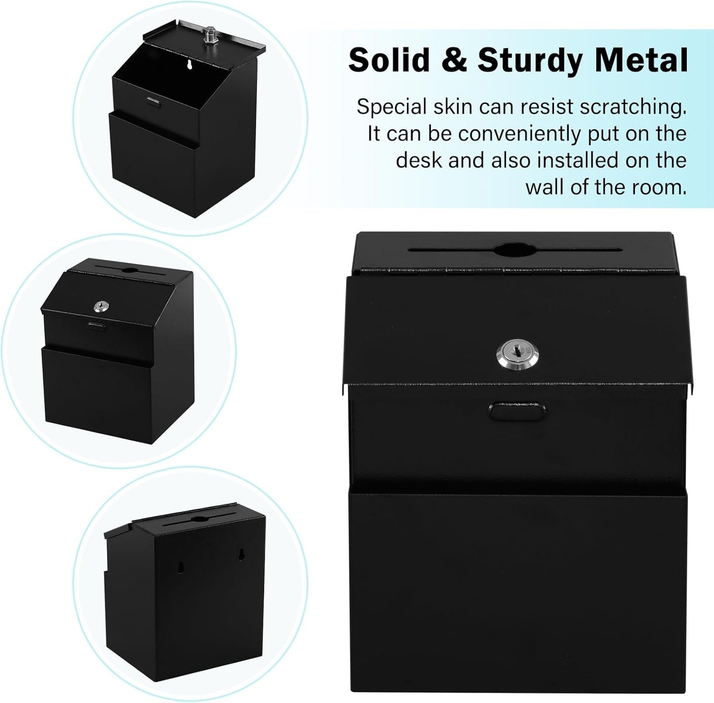 xydled Suggestion Box with Lock Wall Mountable Metal Donation/Ballot/Voting/Collection/Key Drop Box with 50 Free Suggestion Cards 7.1"x 5.7"x 8.1" Black