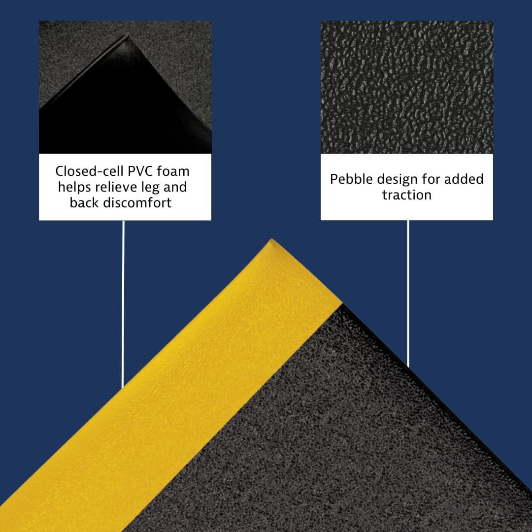 Notrax 411 Sof-Tred™ 4' x 60' x 9/16" Anti Fatigue Mat, Enhanced Slip Resistance with Beveled Edges and Pebbled Surface, Ideal for Industrial and Commercial Workplaces, Black/Yellow, 411R0448BY
