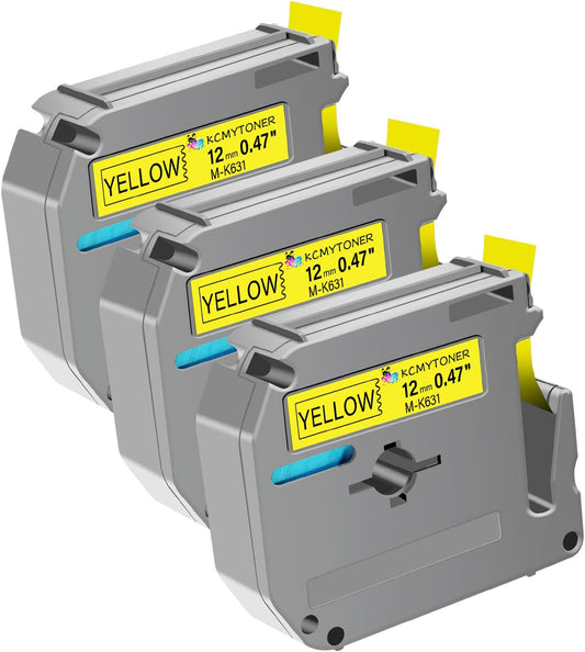 Compatible for Brother P-Touch M Tape M-K631 MK631 M631 MK-631 Black on Yellow Label Tape 0.47" (12mm) x 26.2ft for PT-90 PT-M95 PT-70 PT-70BM PT-85 PT-80 PT-45 PT-65 Label Makers, 3 Pack