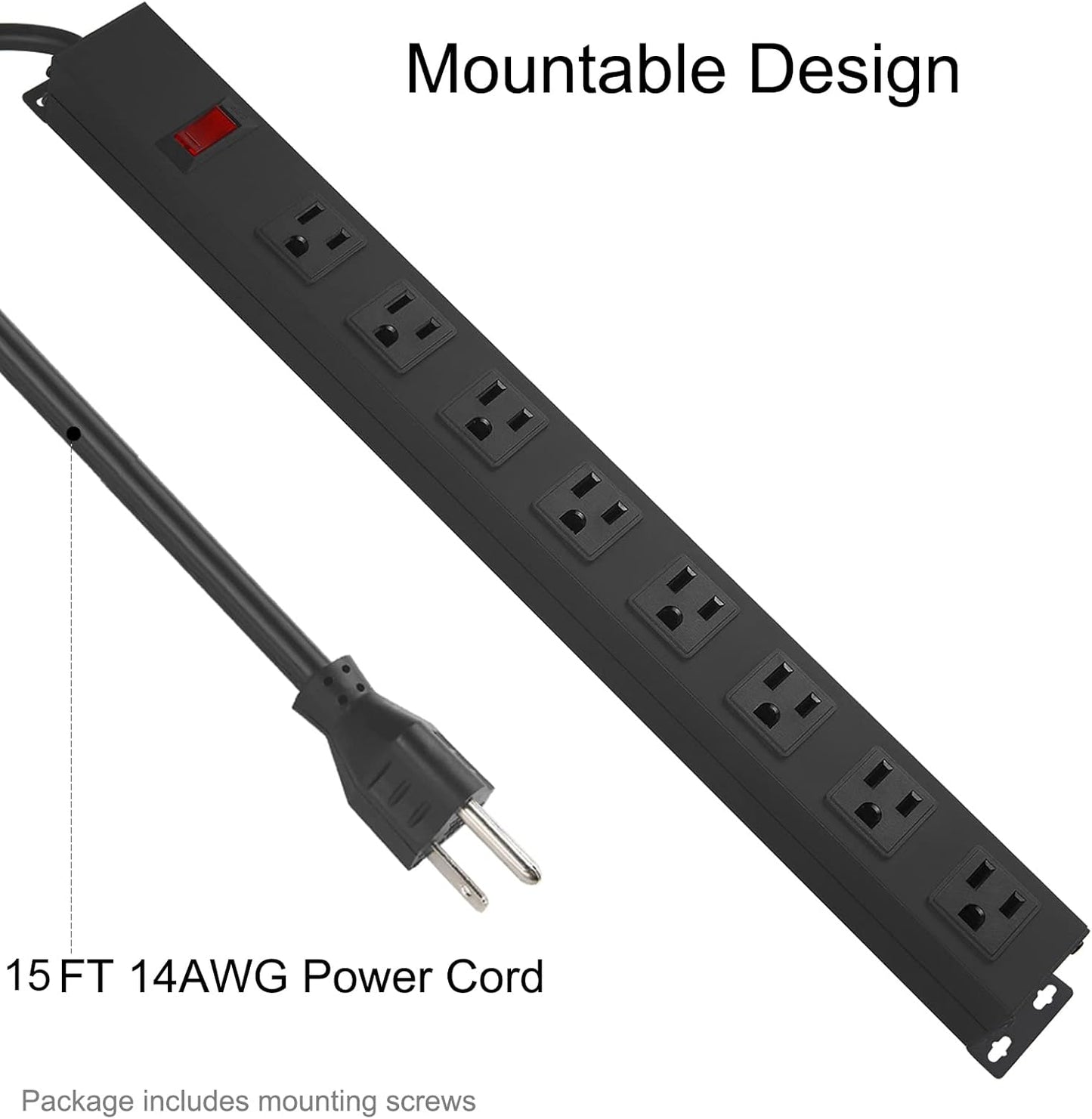 Metal 8 Outlet Mountable Power Strip, Wall Mount Outlet Heavy Duty, Wide Spaced Commercial Shop Power Strip with Switch, 15A 125V 1875W, 15 FT SJT 14AWG Power Cord (15FT)