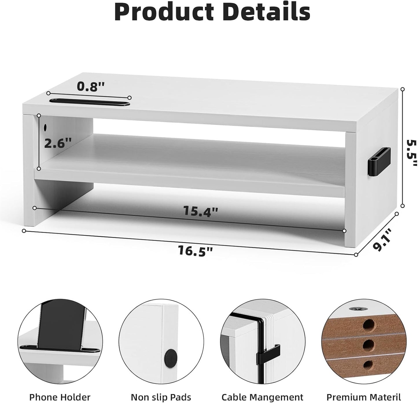 Marbrasse Monitor Stand Riser, 16.5 Inch 2 Tier Computer Printer Shelf Stand for Laptop Computer Screen Storage, Desktop Stand with Phone Holder and Cable Management (White)