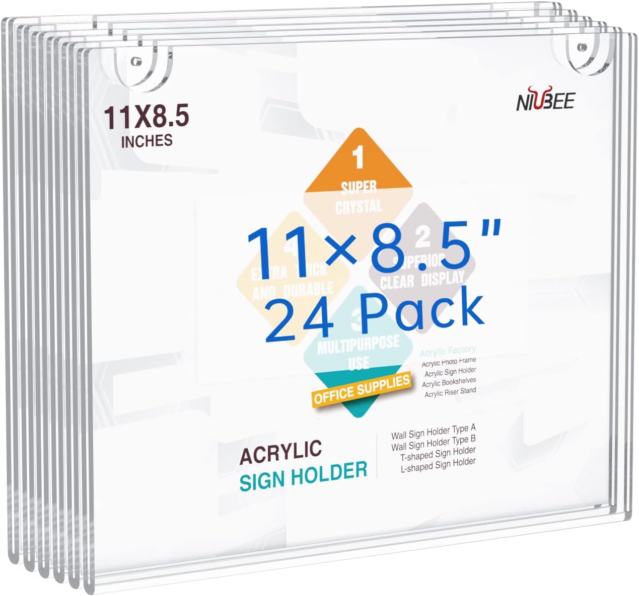 NIUBEE 24-Packs Acrylic Wall Sign Holder 8.5x11 Horizontal, Clear Plastic Picture Frames , Wall Mounted Design.