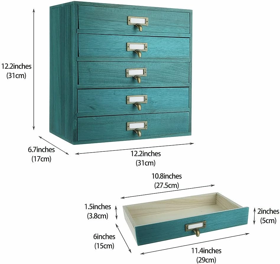 Small Wooden Drawers Rustic Desk Organizers and Accessories Wooden Storage Box with Drawers Desktop Storage Library Card Catalog Cabinet School Supply Storage Apothecary Cabinet(S-BLUE)