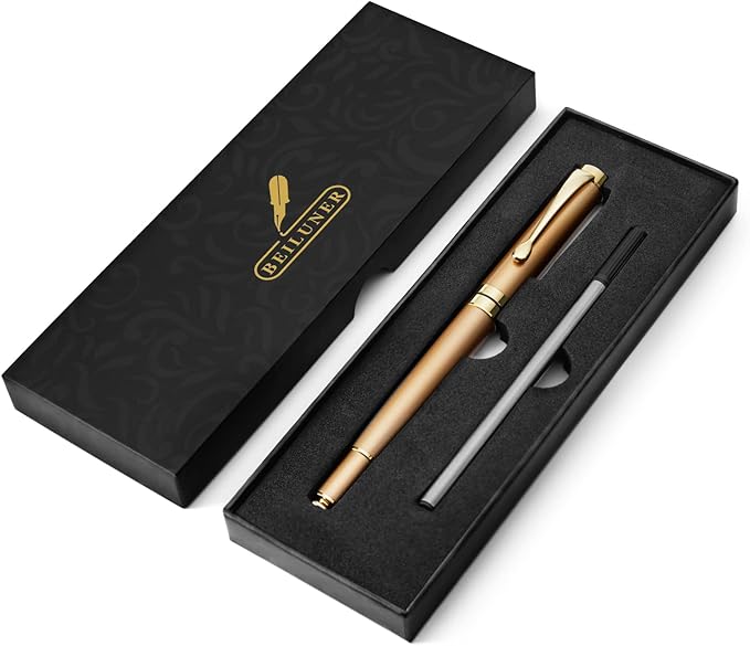 BEILUNER Ballpoint Pens, Stainless Steel with Chrome Trim, Luxury Golden Metal Pen Set, Best Ball Pen Gift Set for Men & Women, Professional, Executive, Office, Fancy Pens-Nice Box with Extra Refill