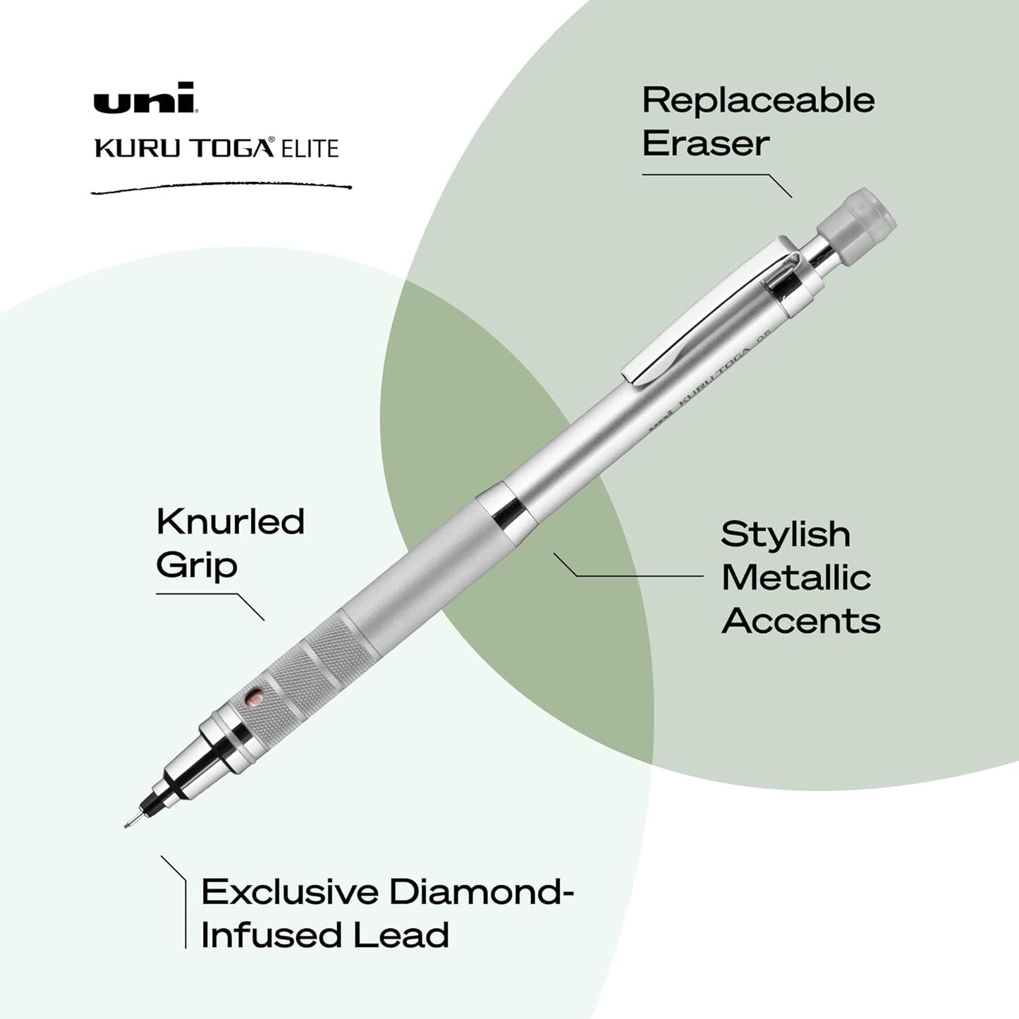 Uniball Kuru Toga Elite Mechanical Pencil Starter Kit with Silver Barrel and 0.5mm Tip; 60 Lead Refills; and 5 Pencil Eraser Refills; HB #2; Office Supplies; School Supplies; Drafting
