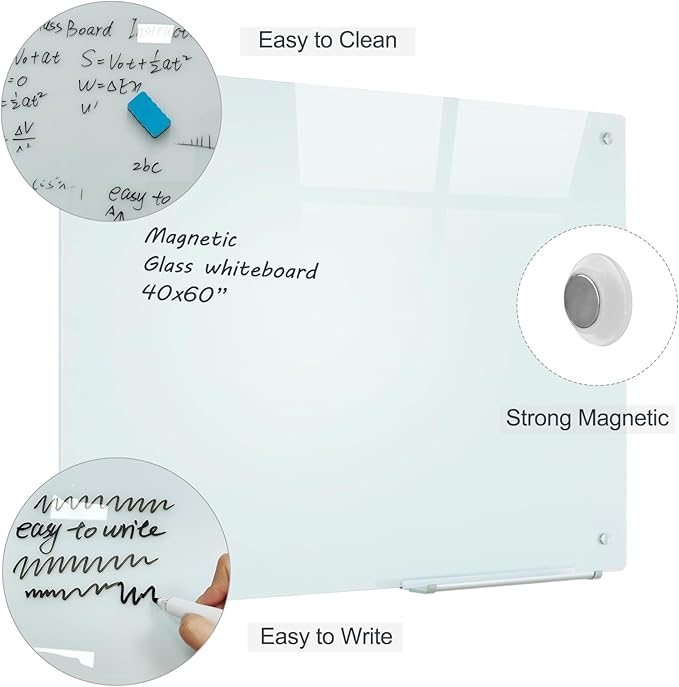 Glass Magnetic White Board – 60 x 40 Inches Dry Erase Glass Whiteboard for Wall, Large Wall Mounted Glass Board for School, Office and Home