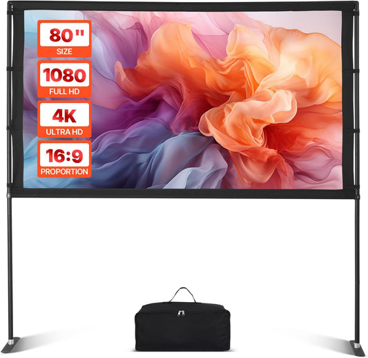 VEVOR Projector Screen with Stand, 80 Inch 160° Wide Angle Indoor Outdoor Projection Screen, 16:9 4K HD Wrinkleless Portable Dual-Stand Screens with Carry Bag, for Movie Home Theater Presentation