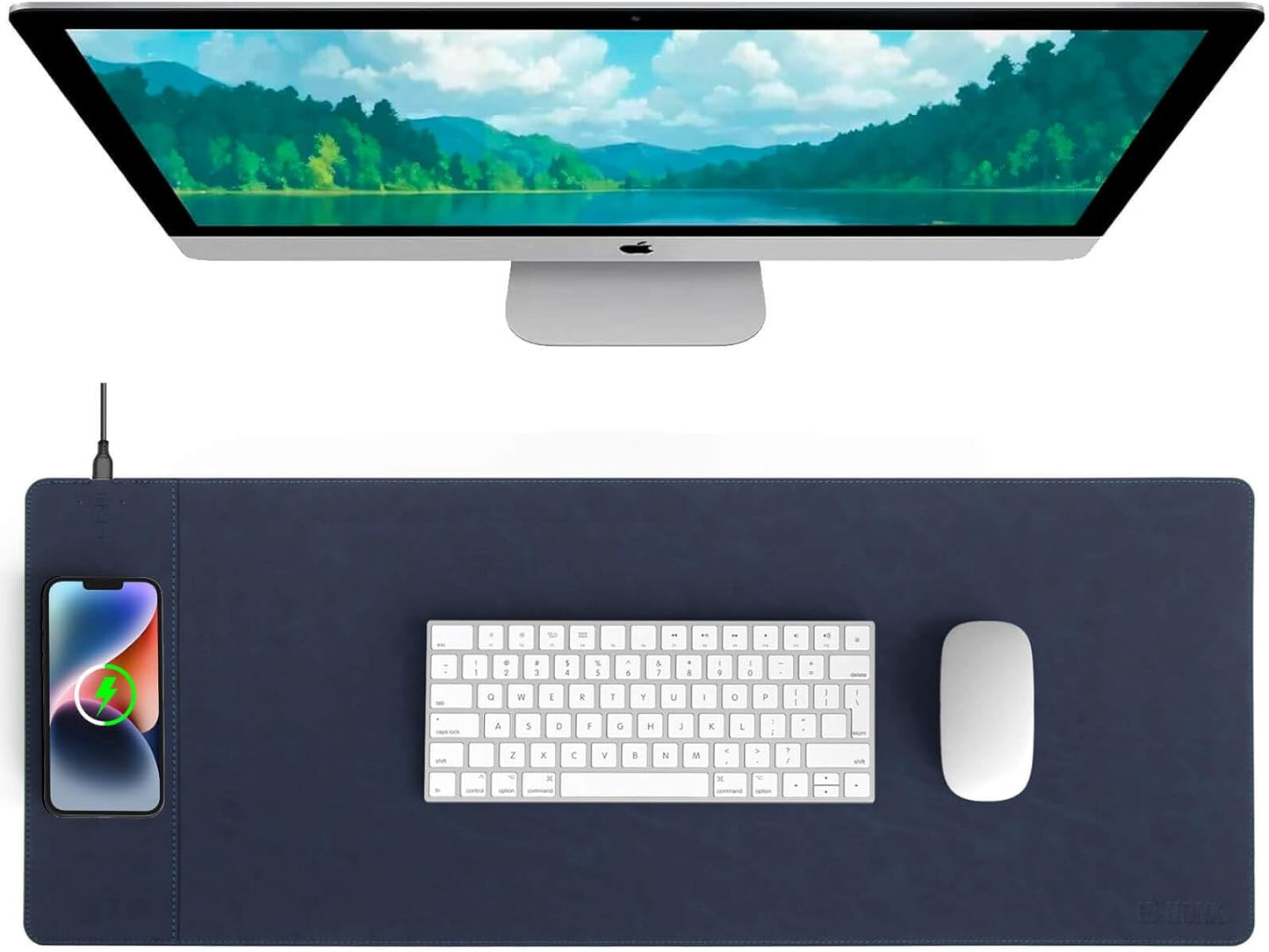 Magnetic Wireless Charging Desk Mat, 31"x11.7" Mouse Pad with Ultra-Smooth Surface, Microfiber Leather Office Mouse Mat, Waterproof Extended Computer Keyboard Desk Mat for Office & Home, Laptop, Blue