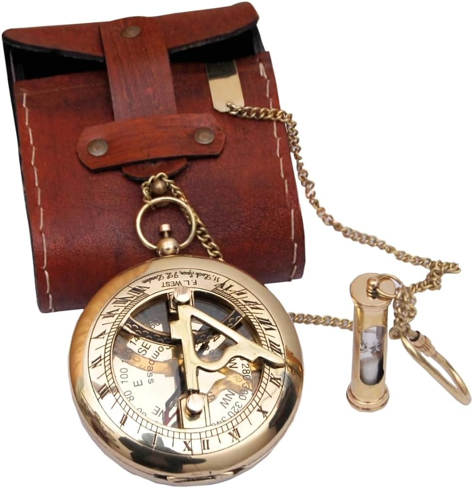 Brass Sundial Compass with Leather Case - Compass Gift for Men - Anniversary Sundial Compass Gift for Him or Her–Antique Brass & Copper-Sundial Clock in Box Gift