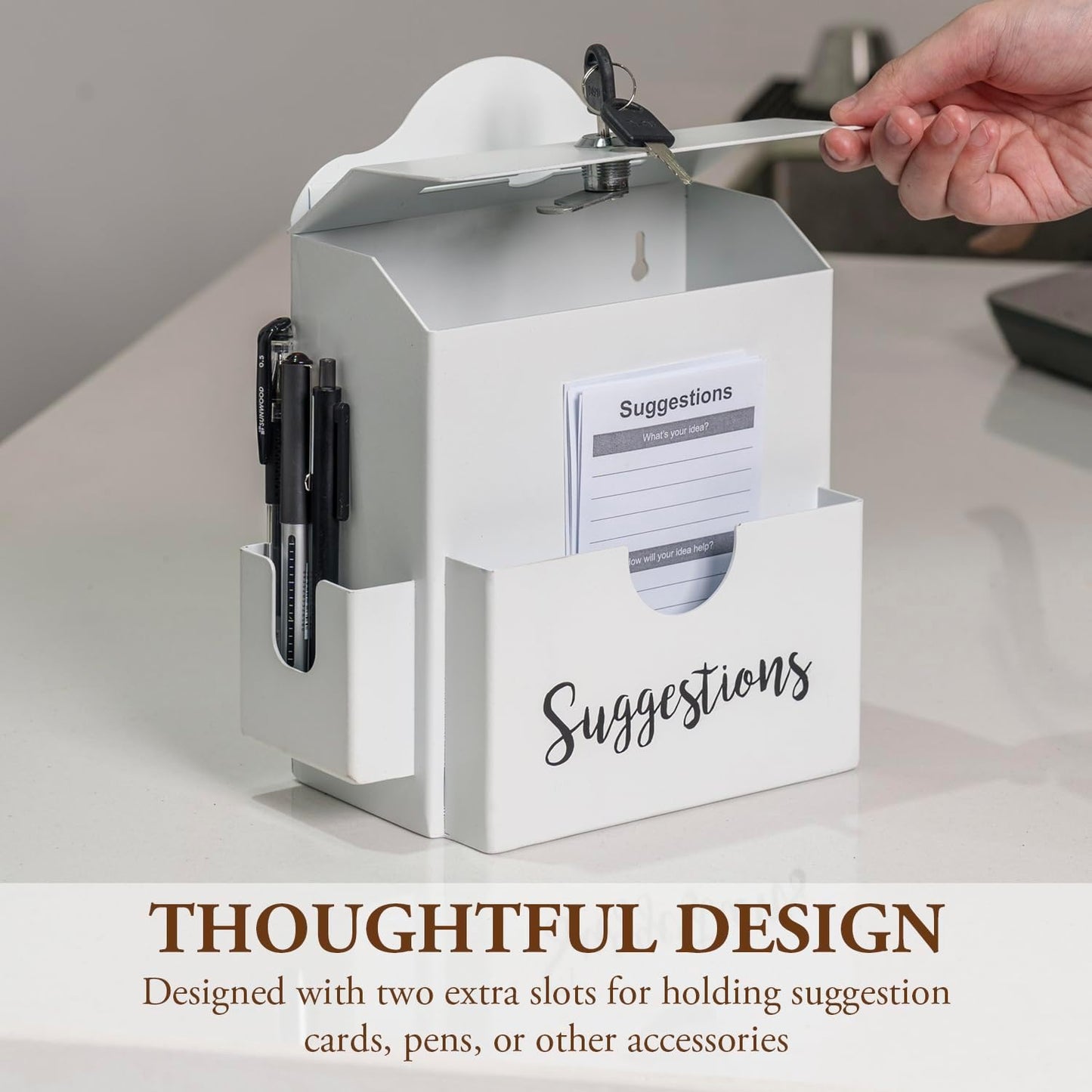 MyGift Classic White Metal Suggestion Box with Cursive Suggestions Lettering, Wall Mounted or Tabletop Comment Box with Lock, Keys, Paper Sheet and Pen Holder Slots