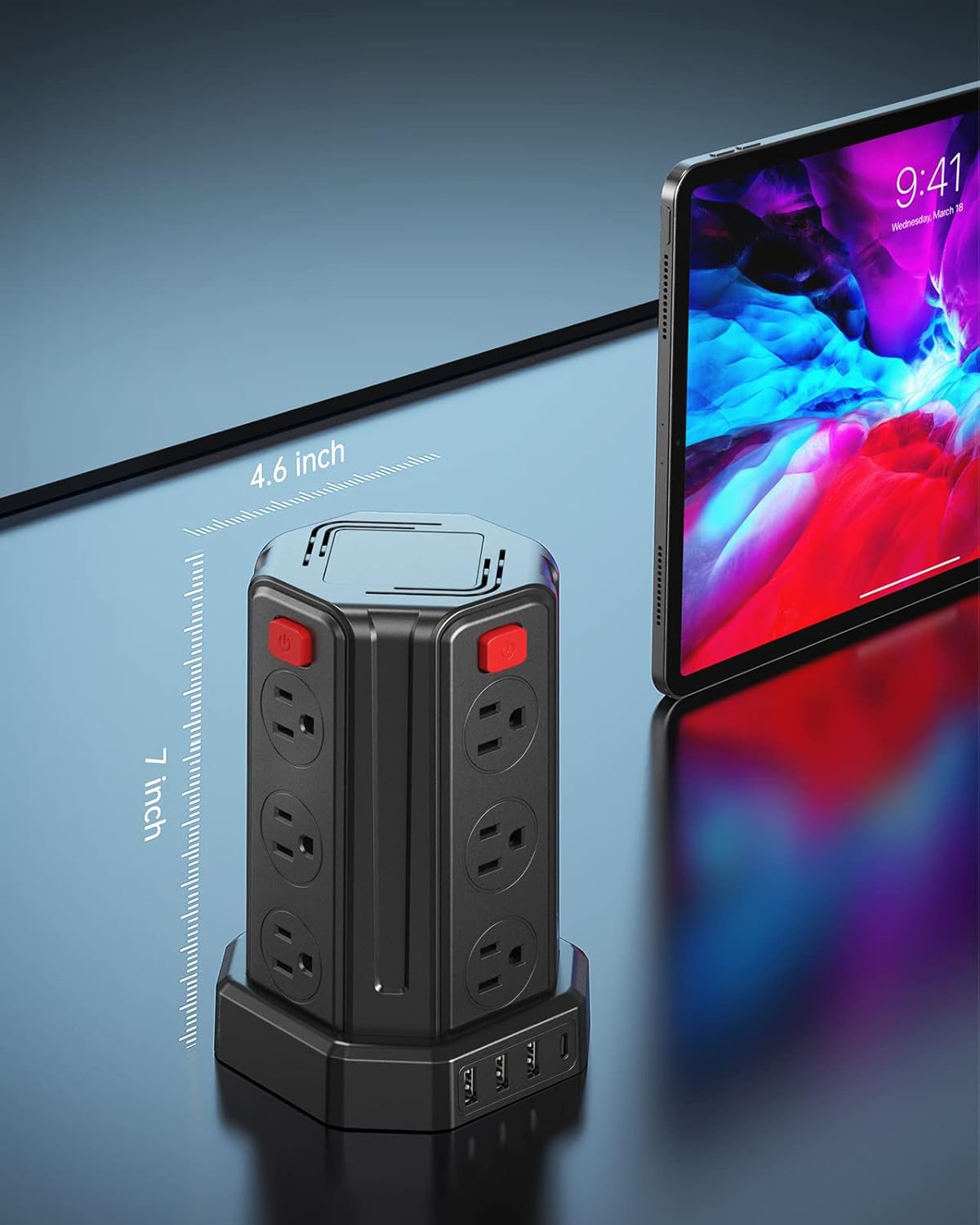 Power Strip Surge Protector, 10 Ft Extension Cord with 12 AC Multiple Outlets 4 USB (1 USB C), SMALLRT Power Tower Desktop Charging Station (Black, 10 FT)