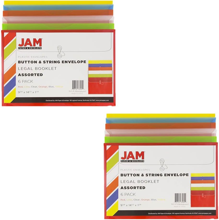 JAM PAPER Plastic Envelopes with Button & String Tie Closure - Legal Booklet - 9 3/4 x 14 1/2 - Assorted Primary Colors - 12/Pack