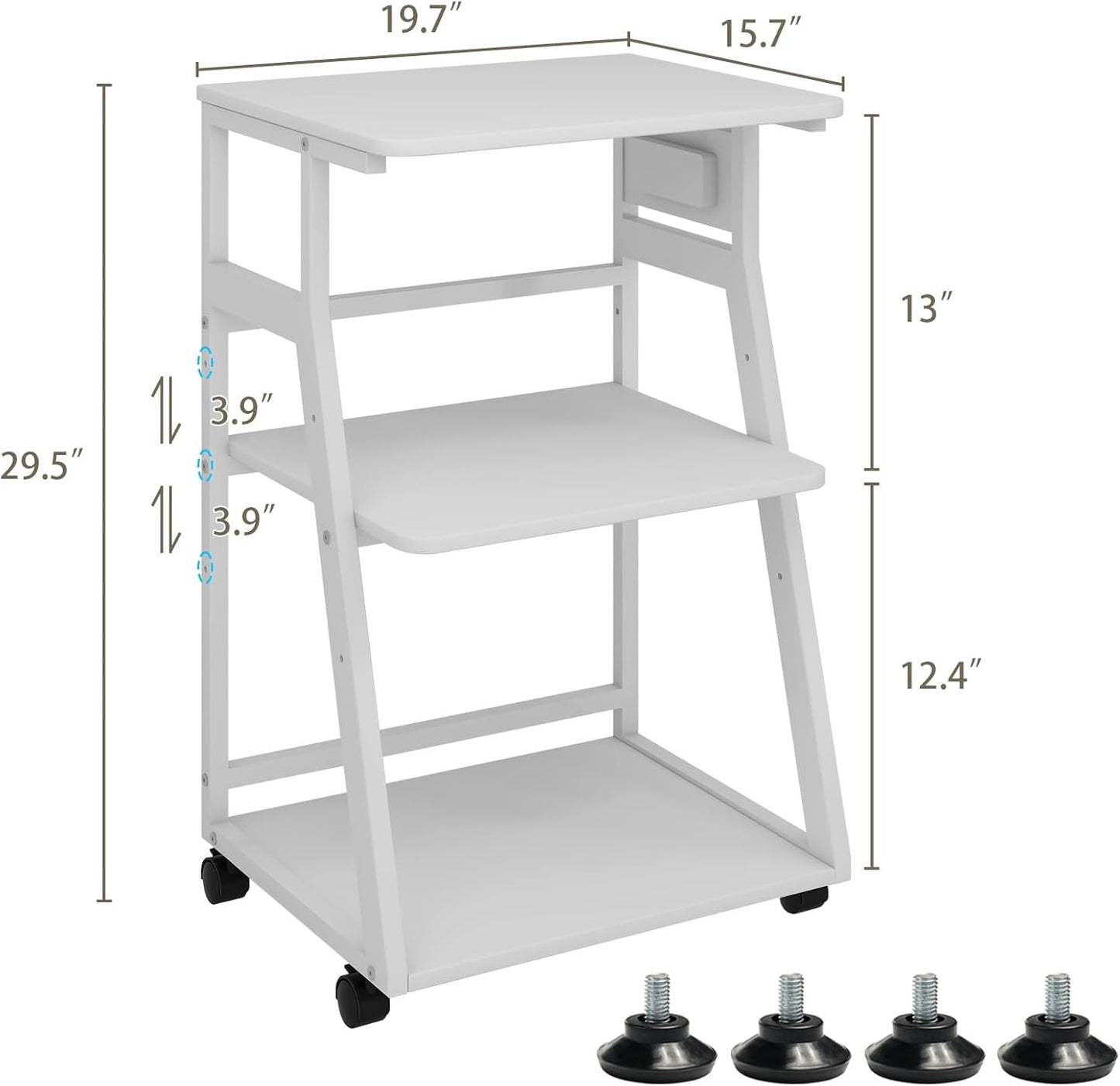 Natwind 19.7"x15.7" Printer Stand,3 Tier Printer Table with Charging Station, Rolling Cart with Adjustable Storage Shelf for Home Office Organization, Stand for Heat Press,3D Printer (White)