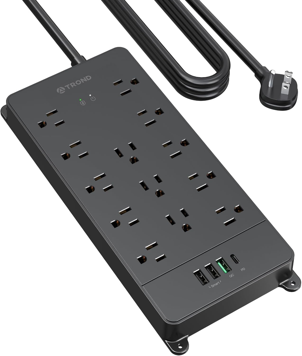 TROND Surge Protector Power Strip, 10ft Heavy Duty Extension Cord with 32W USB C & QC 3.0 Charger, 4000J, ETL Listed, 13 Wide Spaced Outlets, Flat Plug, Wall Mount for Home Office Supplies, Black