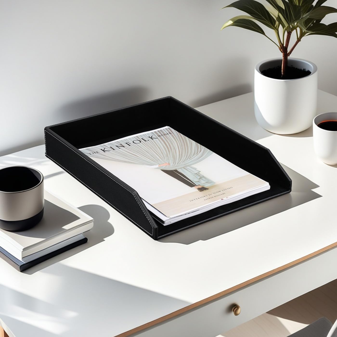KINGFOM Letter Tray, PU Leather Paper Organizer Tray for Desk, Paper Organizer Storage Holder for Office Home or School A4 Size Black