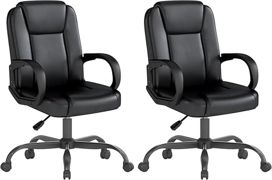 ZZH Executive Office Chair, Leather Desk Computer Chair with Armrests, Mid-Back Swivel Adjustable for Home Office, 2PC, Black
