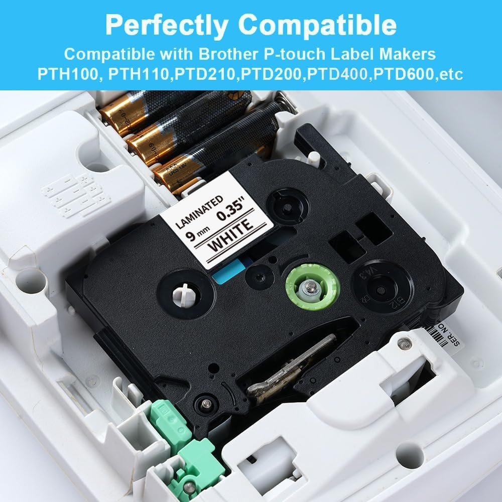 MarkDomain 3-Pack 9mm Label Tape TZe-221 Replacement for Brother TZe TZ Tape 9mm 0.35" Laminated White Label Maker Tape TZe221 TZ221 Work with Ptouch PT H100 H110 D210 D400AD 1290