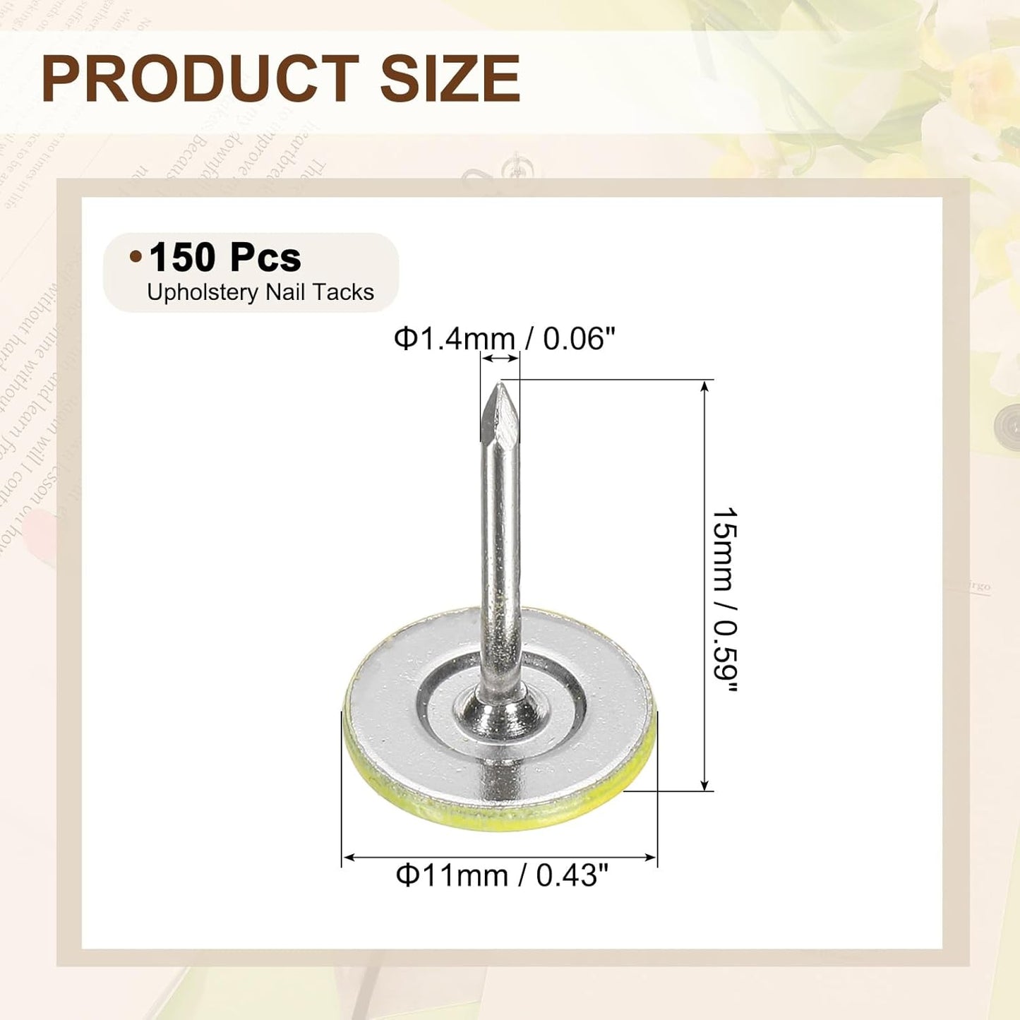 uxcell 150Pcs Upholstery Tacks, 11mmx15mm Flat Head Thumb Tack Decorative Furniture Nails Push Pins for Furniture Sofa Headboards, Light Yellow