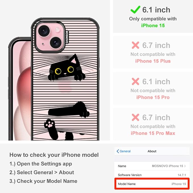 MOSNOVO Case for iPhone 15, [10ft 4X Military-Grade Drop Protection] Durable & Shockproof Phone Case Cover Design for iPhone 15 - Hidden Black Cat - Clear Black