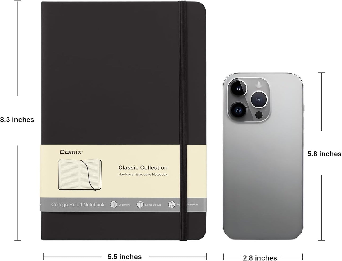 Comix 6 Pack Lined Journal Notebooks for Work, 240 Pages, 5.5"x8.3", Black, Hardcover, A5 Medium College Ruled, Journaling Notebooks for Notes-taking, Fits for Office School Home