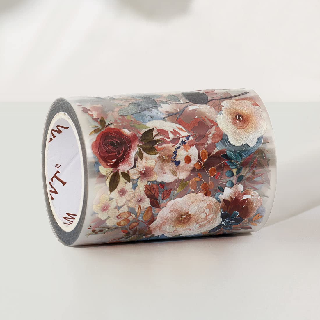 WT Dusty Blue & Cinnamon Wide PET Tape, Single Roll, Original Designs, Floral Decorative Tape, Transparent Craft Tape for Bujo Planner & DIY Supplies, Watercolor Flowers