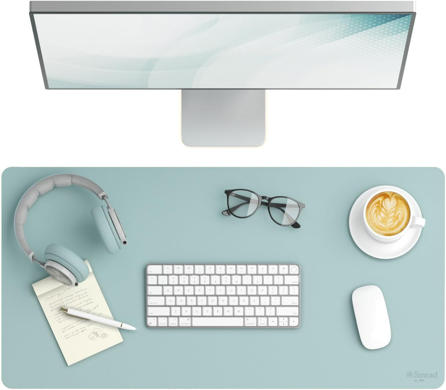 Smead Desk Pad, Vegan Leather Desk Mat with Non-Slip Faux Suede Backing, Perfect Desk Organizer for Office Decor, 31.5” x 15.7” Medium, Superior Blue (64835)