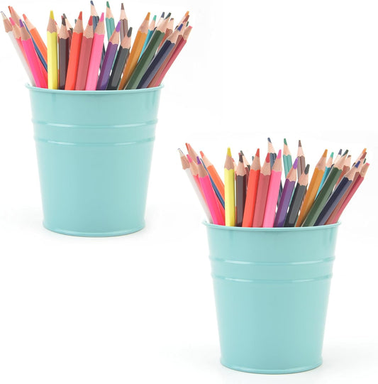 Pen Holder Cup For Desk Pencil Holder Metal Marker Pen Organizer Storage Small Tinplate Flower Pot Succulent Bucket Planters for Office Home - 2 Pack (Blue)