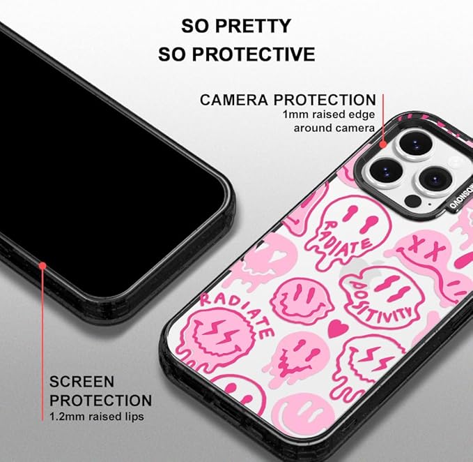 MOSNOVO Case for iPhone 14 Pro Max, [10ft 4X Military-Grade Drop Protection] Durable & Shockproof Phone Case Cover Design for iPhone 14 Pro Max - Pink Dripping Smiles - Clear Black