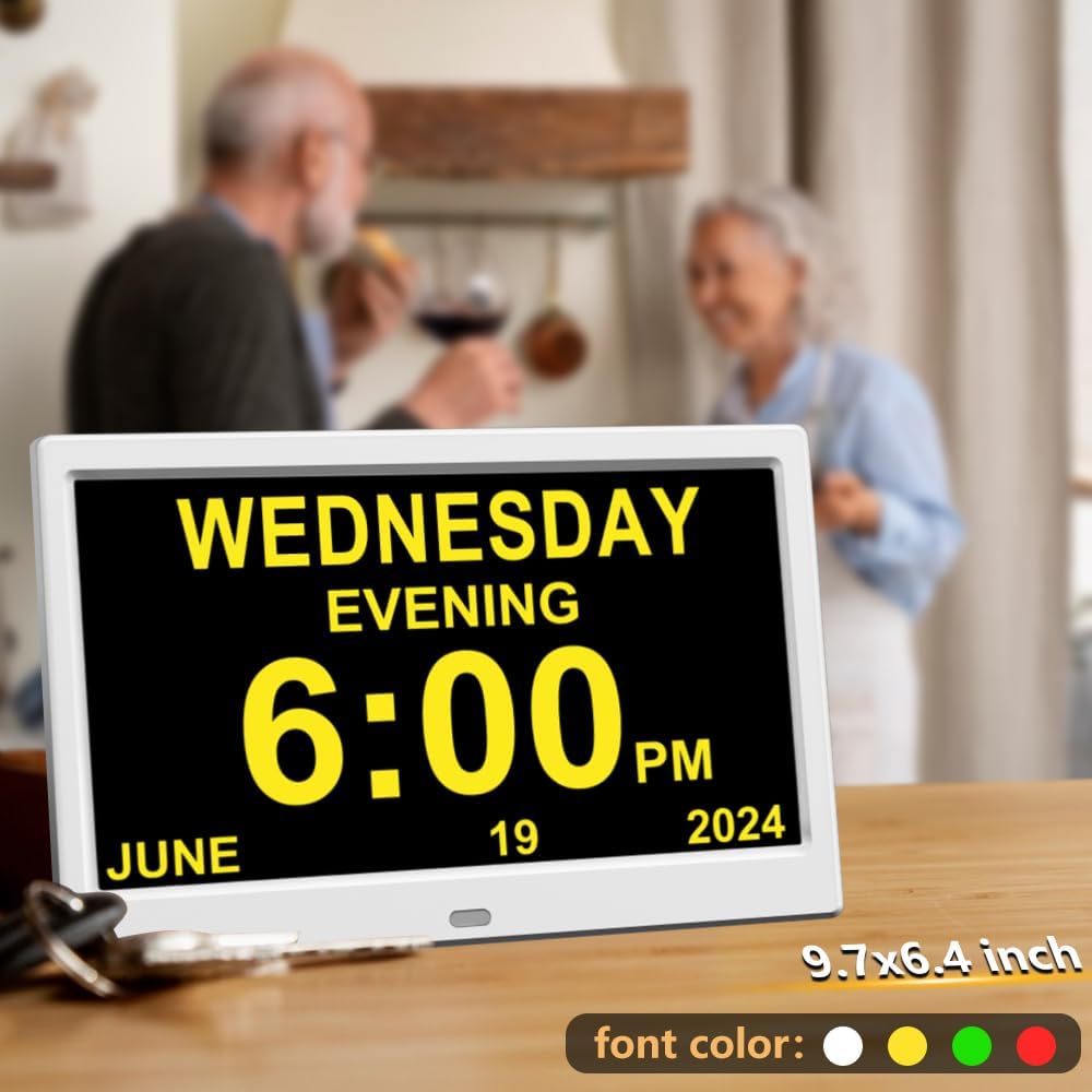 Extra Large Impaired Vision Digital Alarm Clock with Day and Time for Elderly Calendar Clock Auto Dimmable Clock (10.1 Inch White)