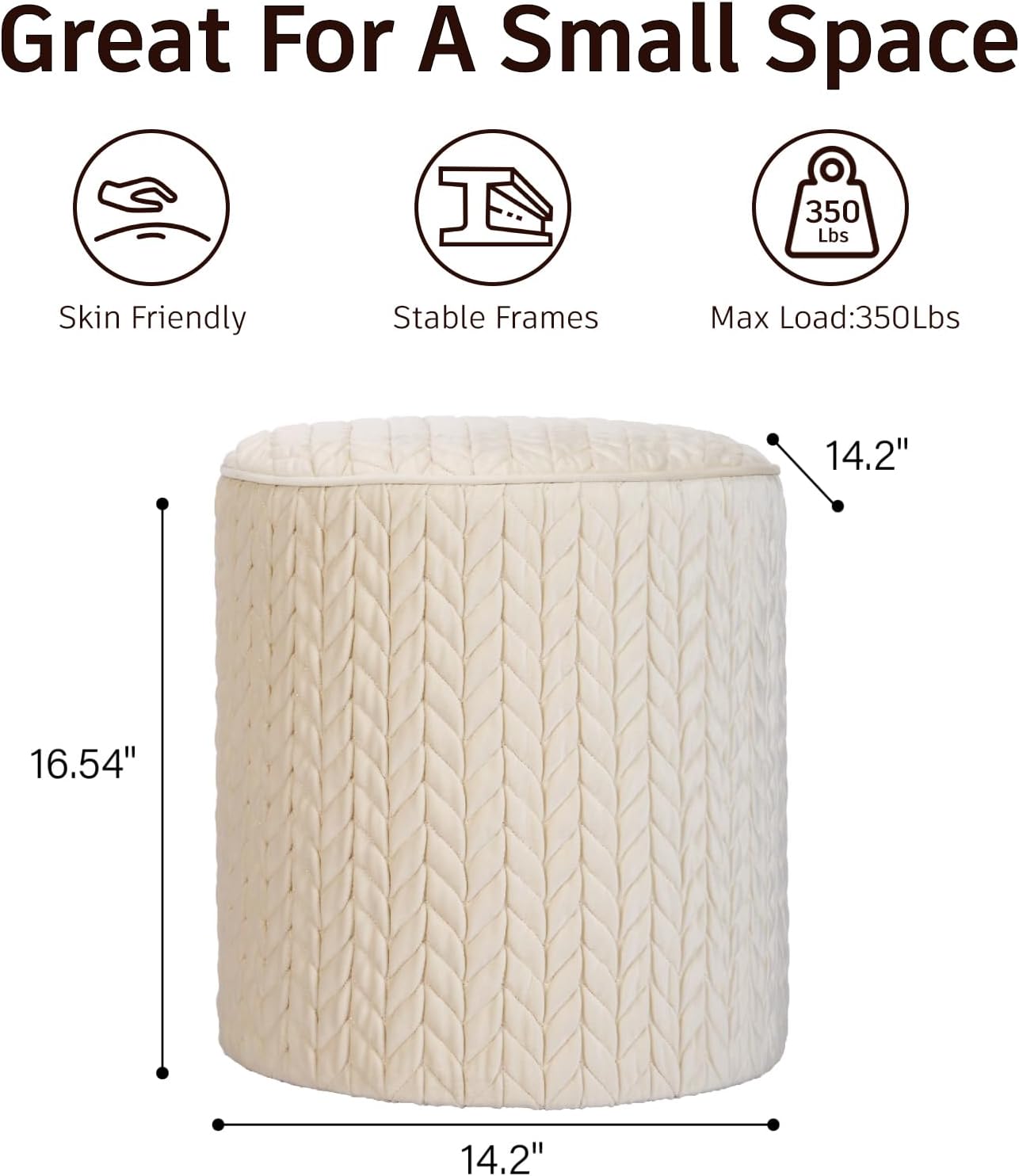 Modern Round Ottoman, Braided-Tufted Foot Stool Ottoman, Velvet Upholstered Vanity Stool for Makeup, Bedroom, Living Room, White