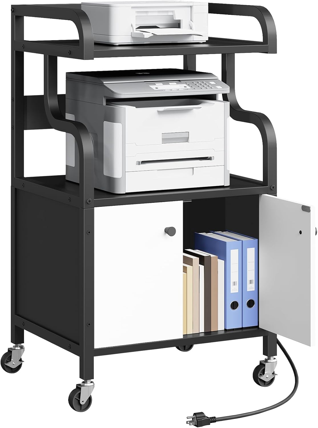 Printer Stand with Storage,Printer Table for Home Office with Charging Station, Large Rolling Cart with Wheels, Printer Cabinet with Open and Hidden Space, Black and White PTHW48E01