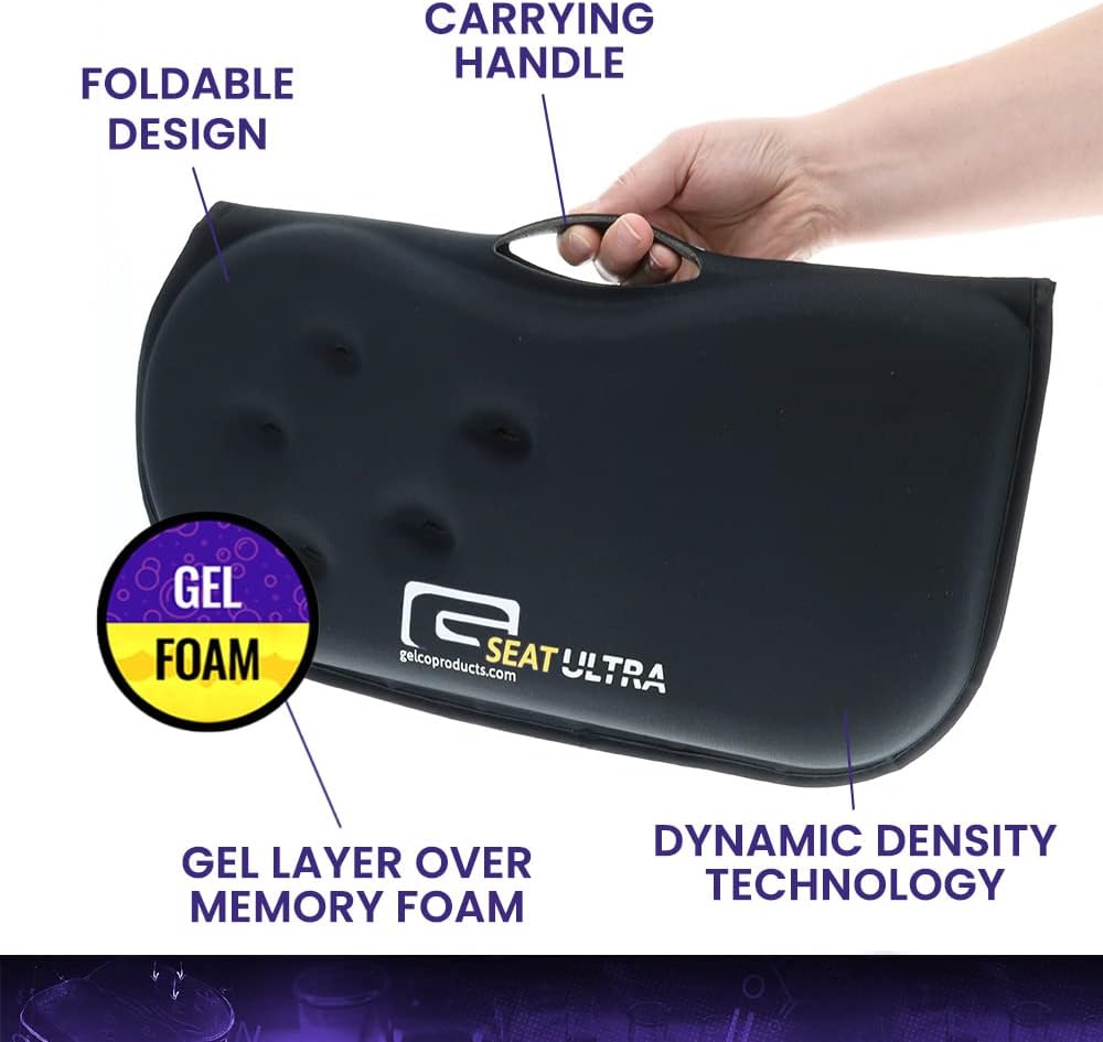 GSeat Ultra Orthopedic Gel and Foam Seat Cushion (Black) – for Coccyx, Back, Tailbone, Prostate, Postnatal, and Sciatica Pain/Discomfort – Office, Car, Chair, Travel