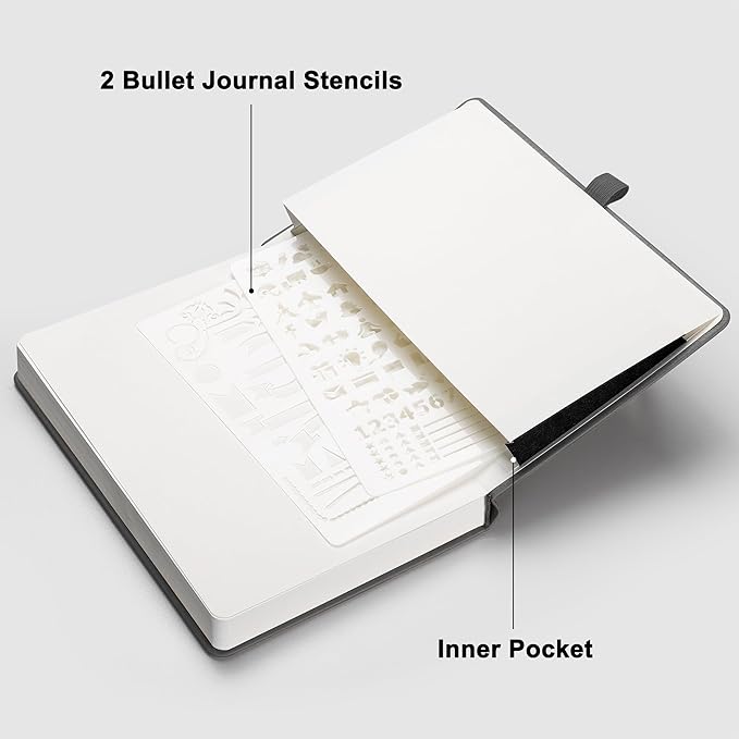 RETTACY Bullet Dotted Journal Notebook, 192 Pages, A5 Medium Size (5.7'' x 8.3''), Leather Hardcover, 100 GSM Thick Paper, for Bullet Journaling, Planning, Tracking (Gray)