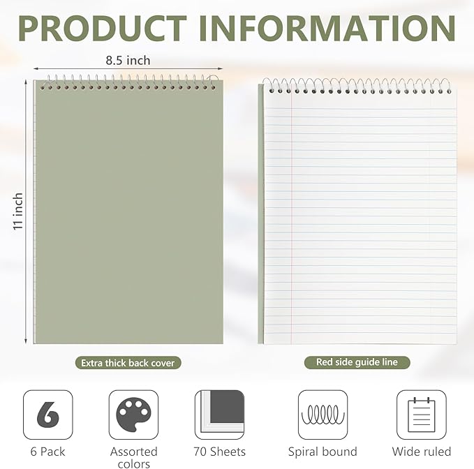 6 Pack 8.5 x 11'' Top Bound Office Steno Book Wide Ruled Double Sided Spiral Notebooks Reliable White Paper 70 Sheets/Pad Pastel Colors Covers for Writing School Notes(Business Color)