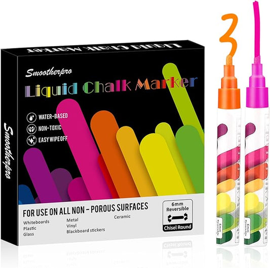 SMOOTHERPRO Liquid Chalk Marker Set 8 Colors 6mm Hightlight Blackboard Colorful Markers for Store Promotion, Menu Board, Art Decoration, Advertisement, Chalkboard (Multicolor)