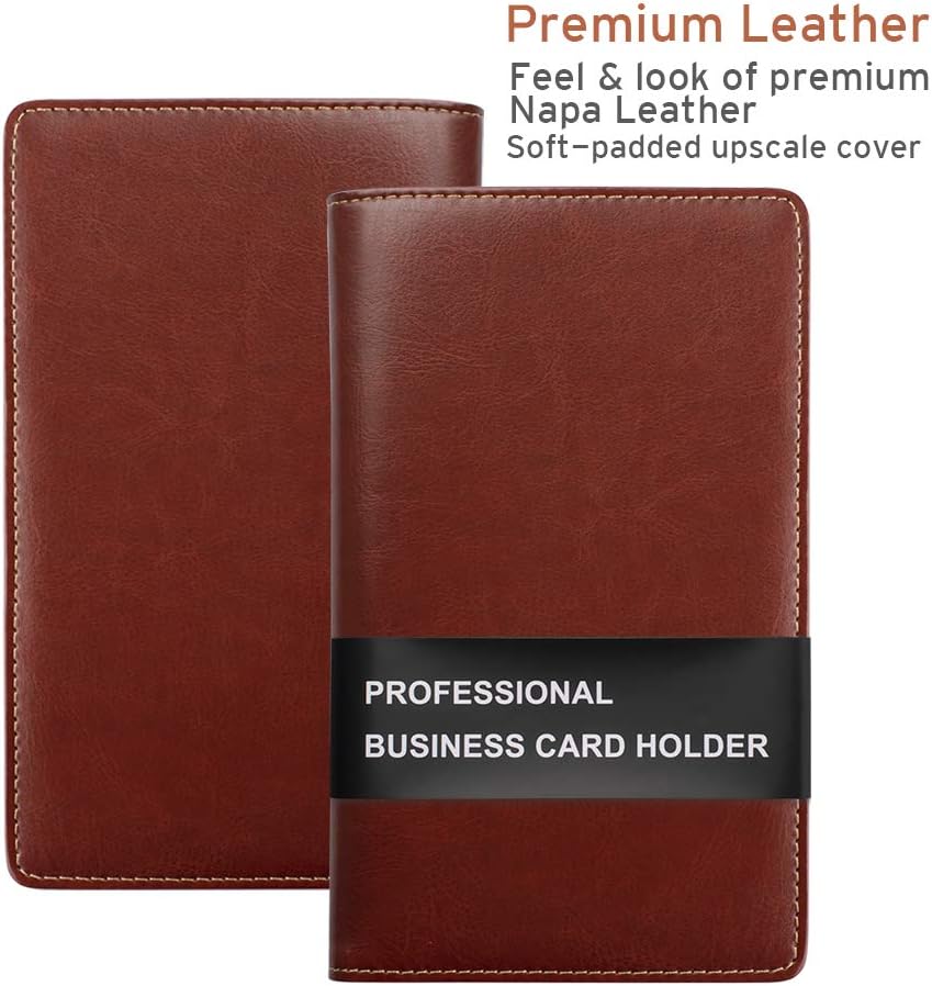 Sooez Leather Professional Business Card Book Holder Organizer, 240 Capacity Credit Card Booklet, PU Name Cards Holder Storage File for Men Women, Brown