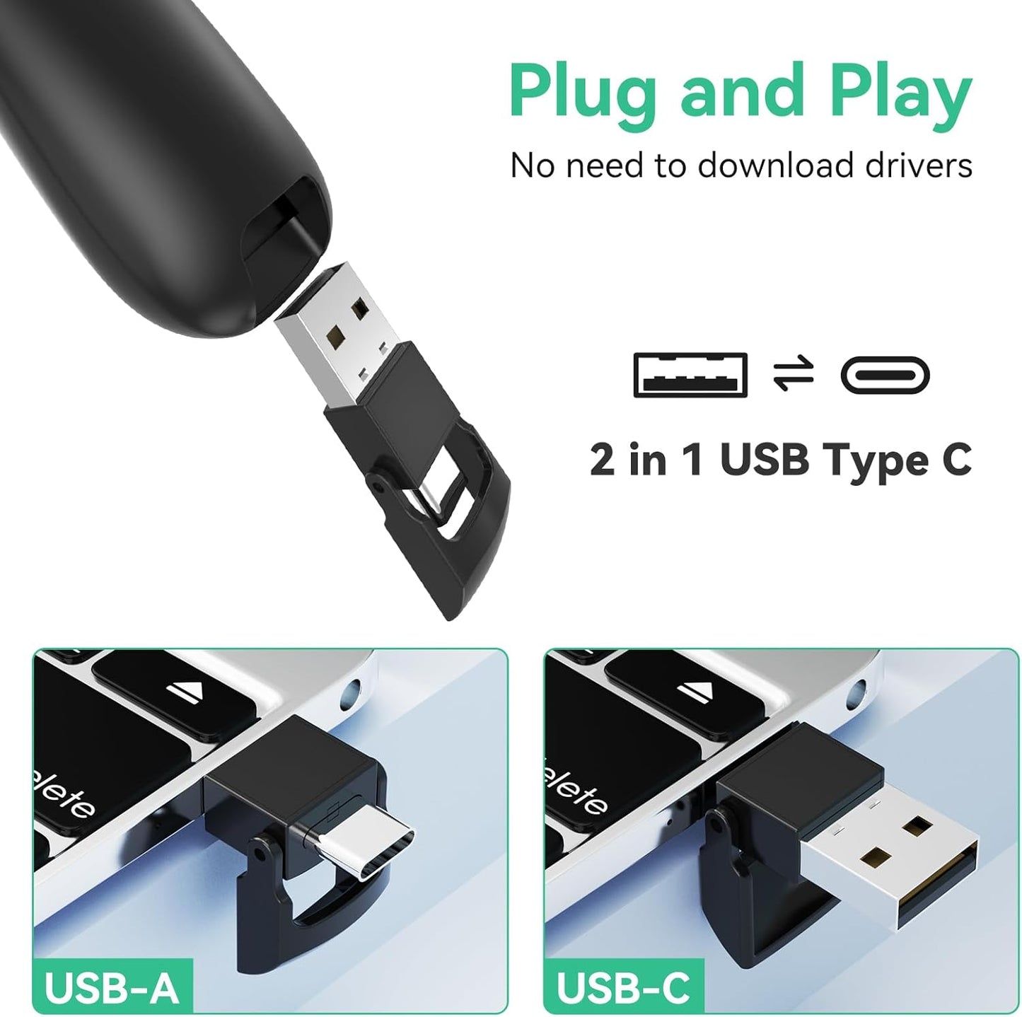 Clicker PowerPoint Presentation Wireless Presenter Remote, Green Laser Pointer for Computer Clickers, USB C A Project Power Point PPT Clicker for Mac Laptop Office, Slideshow Google Slide Advancer